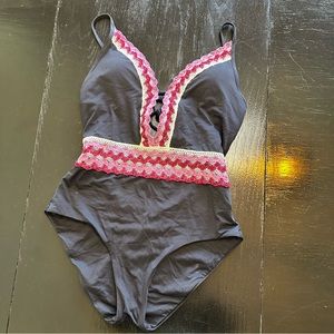 Becca Small Black and Pink Purple Knit Crochet Look Boho Black One Piece